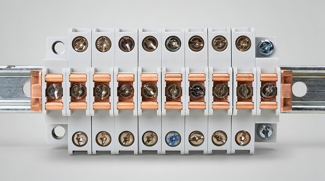 Electrical circuit breakers mounted on a DIN rail for power distribution.