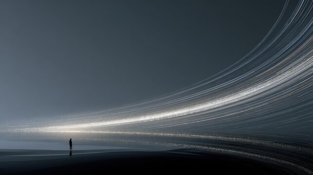 Abstract cosmic spiral created by long exposure star trails, stars reduced to delicate luminous threads, immense negative space
