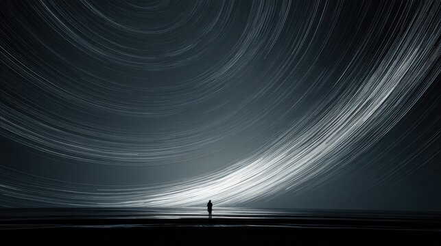 Abstract cosmic spiral created by long exposure star trails, stars reduced to delicate luminous threads, immense negative space
