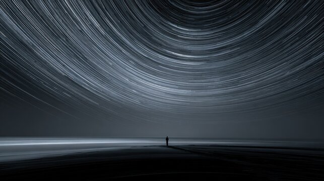 Abstract cosmic spiral created by long exposure star trails, stars reduced to delicate luminous threads, immense negative space
