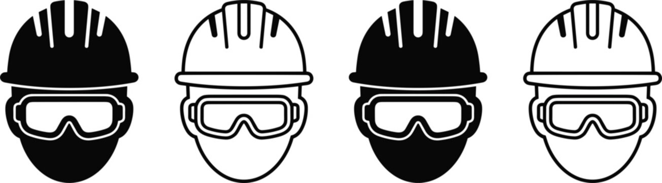 Industrial construction worker face avatar icon set featuring safety hardhat helmet and protective goggles or eyewear variants