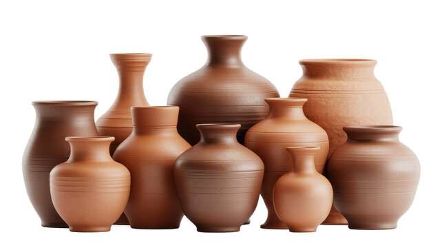 A collection of various terracotta clay pottery vases and jars of different sizes and shapes arranged on a plain white background