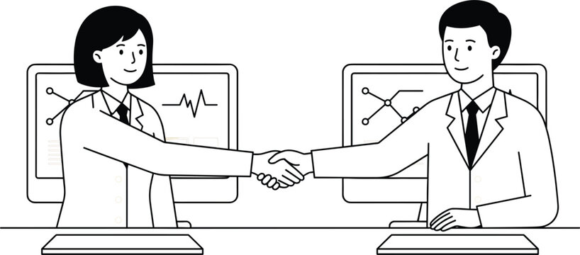 Business partners handshake corporate colleagues deal shaking hands at office workspace with computer monitors line vector