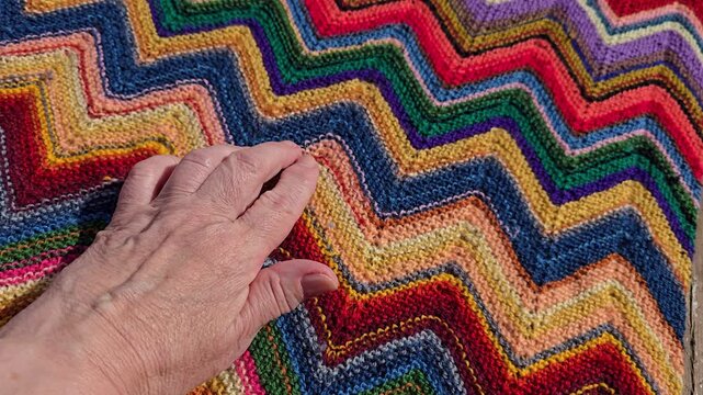 Mature hand touching colorful natural wool knitting. Norway. Alver. August
