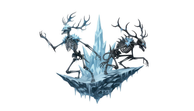 Two Scary Ice Skeleton Deer Monsters on Floating Glacier
