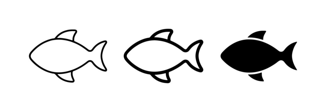Simple Fish Icons, Outline and Silhouette Vector Graphics, Marine Life Symbols