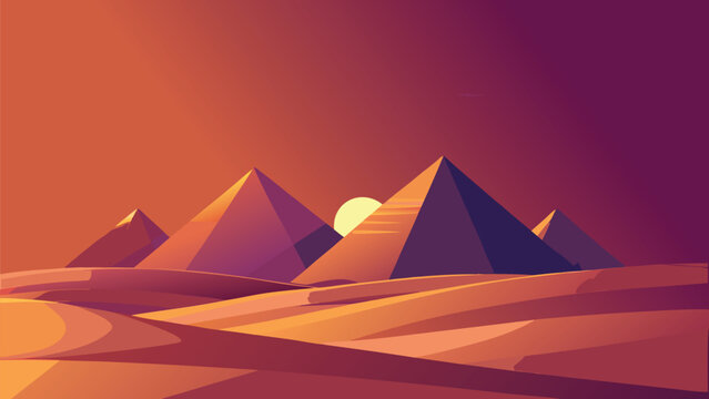 Egyptian pyramids during a vibrant desert sunset with warm gradient lighting in a flat vector style