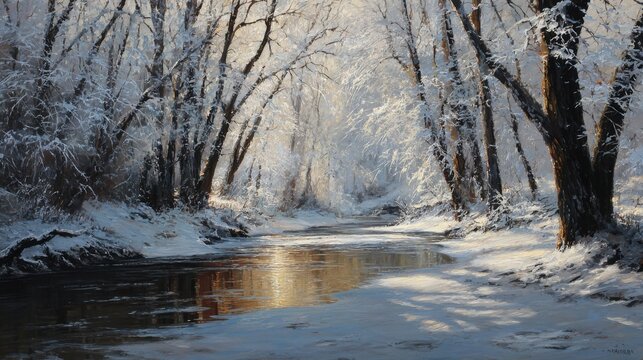 the trees in the snow-covered forest by the stream, their branches heavy with ice and frost, shimmering under the sunlight that filters through them
