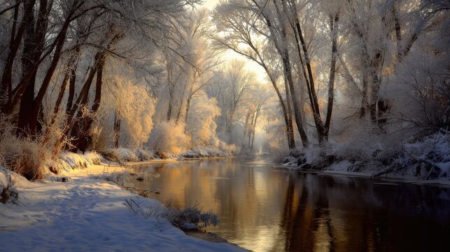 the trees in the snow-covered forest by the stream, their branches heavy with ice and frost, shimmering under the sunlight that filters through them
