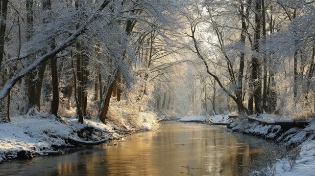 the trees in the snow-covered forest by the stream, their branches heavy with ice and frost, shimmering under the sunlight that filters through them
