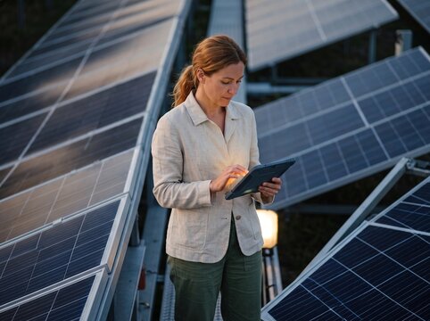 Female engineer using a digital tablet to inspect solar panels at a solar power plant during sunset