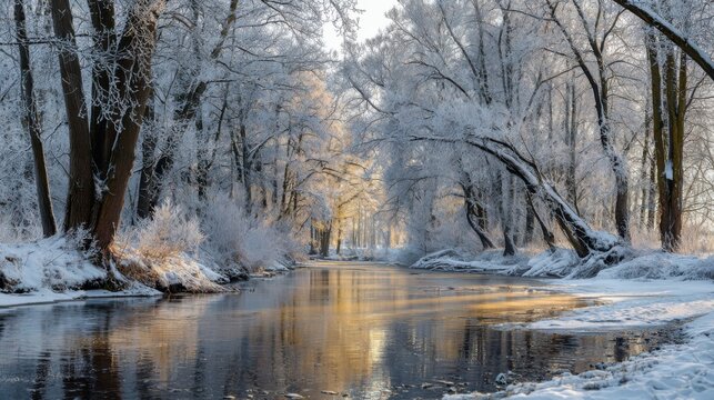 the trees in the snow-covered forest by the stream, their branches heavy with ice and frost, shimmering under the sunlight that filters through them
