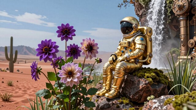 Golden Astronaut in Desert Oasis with Vibrant Flowers