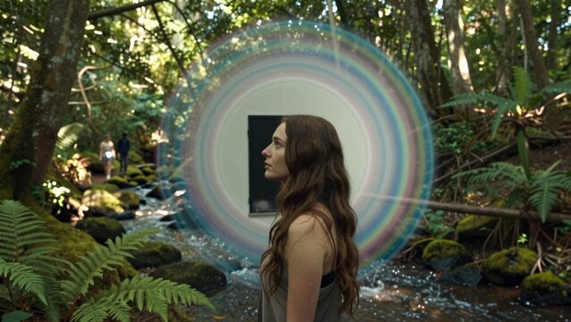 Woman with Rainbow Portal in Lush Forest Stream