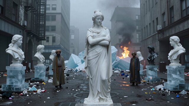 Dystopian Urban Street with Marble Statues and Burning Structures