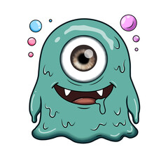 ​Adorable dripping slime monster illustration with big eyeball for Halloween and kids decor on transparent background © Merry