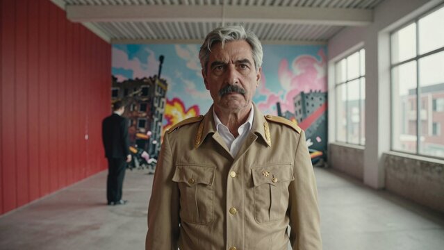 Man in Military-Inspired Uniform Standing in Industrial Space with Vibrant Mural