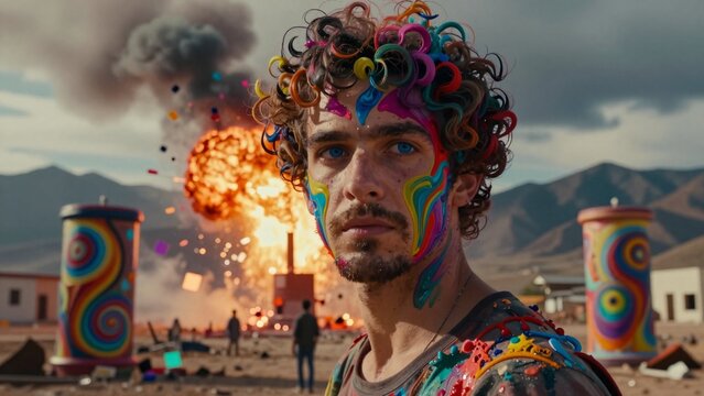Psychedelic Portrait Amidst Explosive Apocalyptic Landscape