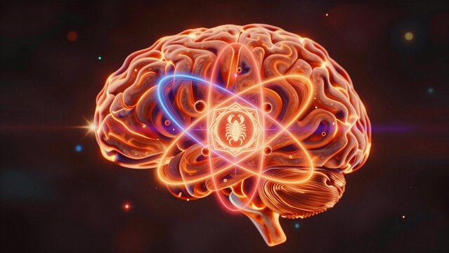 Glowing Brain with Cosmic Scorpion Symbol and Neural Pathways