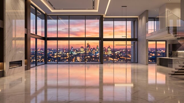 Luxury modern penthouse apartment with marble floor and panoramic city skyline sunset view.