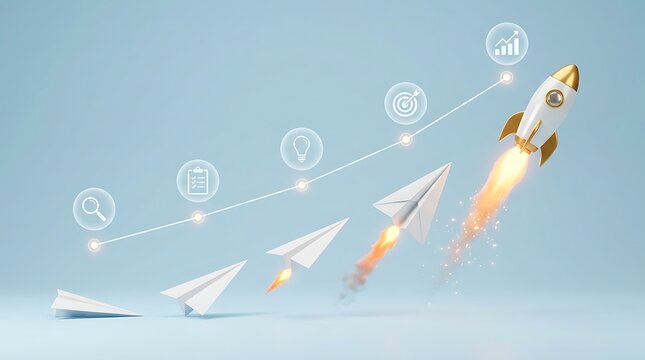 Rocket ship ascends with paper planes on growth chart showing business success and idea development.