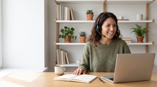 Smiling woman studying online at home workspace with laptop and headset