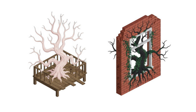 Isometric Set of Abandoned Wooden Deck and Brick Wall