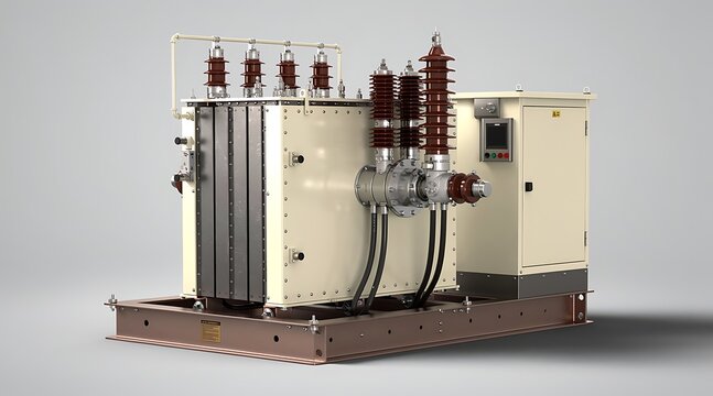 Industrial electrical power transformer with insulators and cables on a metal base.