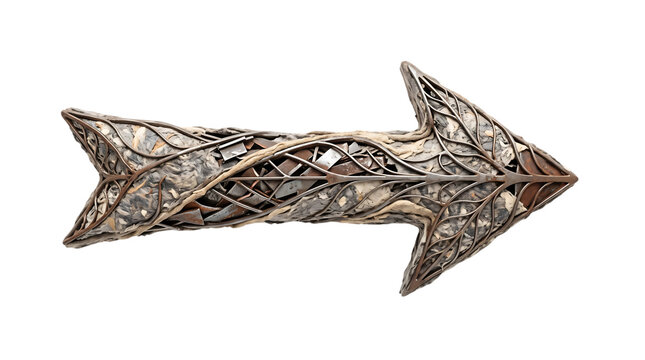 Decorative arrow made of intricate metal leaf patterns isolated on transparent background