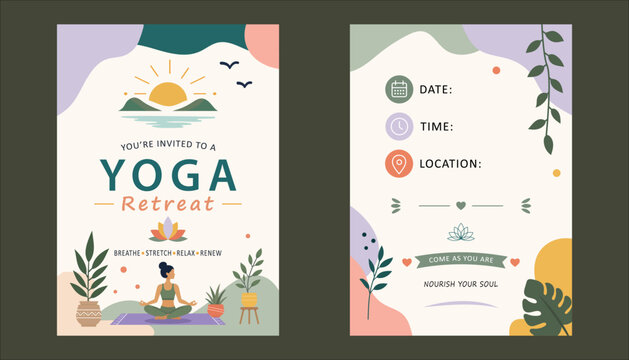 Elegant flat vector yoga retreat invitation set featuring a calming nature scene, yoga practitioner, plants