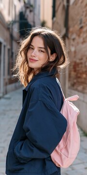Young woman urban street portrait with pink backpack and navy jacket for lifestyle background and banner design