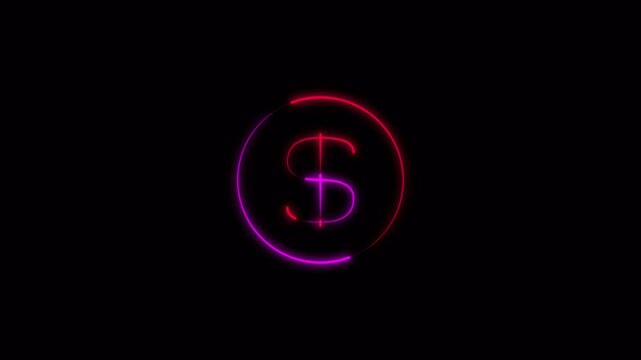 Neon glowing dollar sign currency symbol inside circular frame bright pink