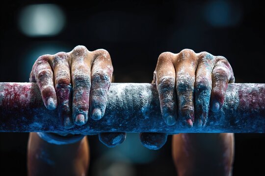 close-up of gymnast&rsquo;s hands gripping uneven bars