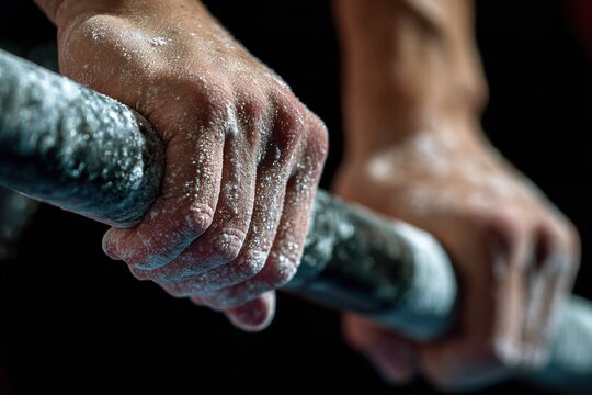 close-up of gymnast&rsquo;s hands gripping uneven bars