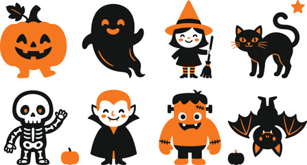 Obraz premium A delightful collection of classic halloween characters including pumpkins ghosts witches and bats for a spooky and fun celebration