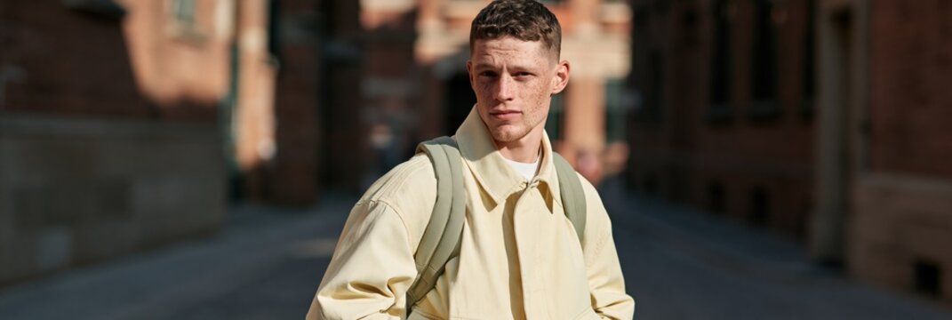 Young man portrait in light jacket with backpack on urban street for lifestyle banner and background design for fashion and travel