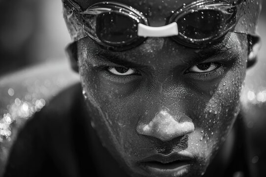 competitive swimmer&rsquo;s focused face at race start