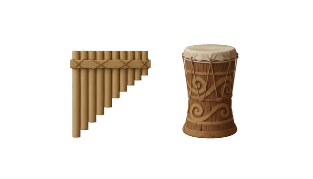 Traditional Andean Pan Flute and Wooden Ethnic Drum