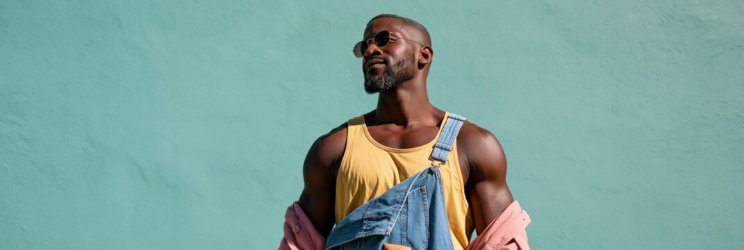 Stylish man in yellow tank top with denim overalls and pink jacket against teal wall for fashion background and editorial layout