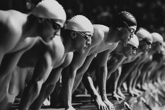 competitive swimmers lined up on starting blocks