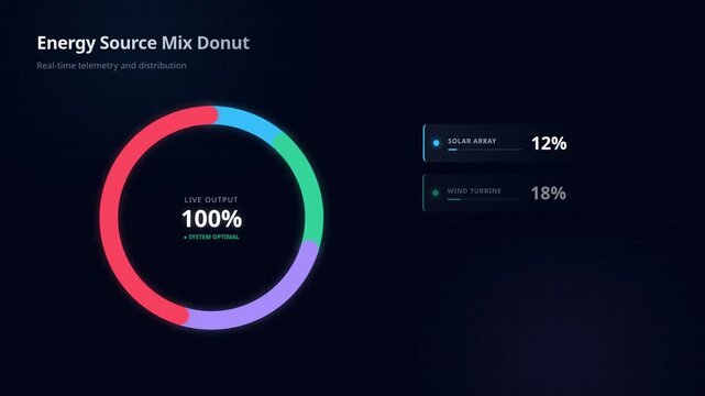 Animated energy source mix donut chart with real-time telemetry data distribution, for sustainable power infrastructure, grid management, renewable energy analysis, global utility monitoring