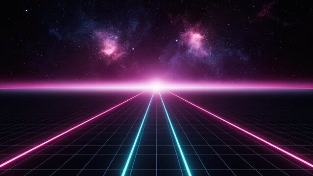 Retro futurist grid landscape with glowing pink horizon and nebula sky