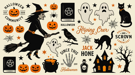Fototapeta premium Vintage Halloween Illustration Collection with Witch, Ghosts, and Pumpkins
