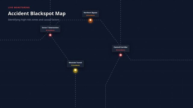 Digital dashboard with real-time traffic accident blackspot map with location metrics causal factors, for urban safety analytics, smart city infrastructure, data-driven risk management