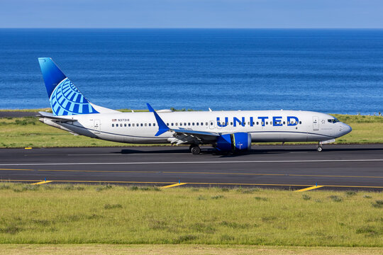 United Airlines Boeing 737 MAX 8 airplane at Ponta Delgada airport in Portugal