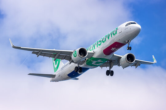 Transavia Airbus A321neo airplane at Ponta Delgada airport in Portugal