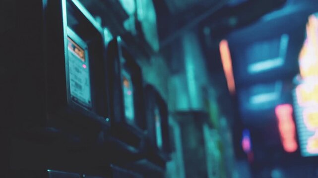 Several electric meters are mounted on a wall in a city. The area is lively with bright neon lights and signs visible in the background. The scene captures urban life after dark.