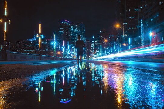 neon-lit city night run with glowing reflections