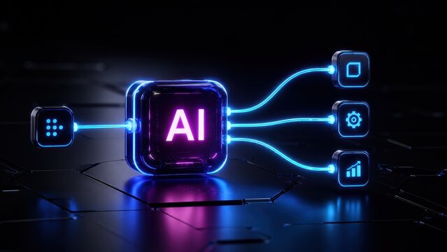 Artificial Intelligence Node: A glowing AI node with neon purple and blue lights, connected by luminous lines to three distinct icons representing data processing, automation, and growth.