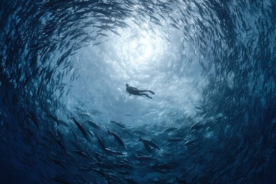 ocean swimmer surrounded by dolphins